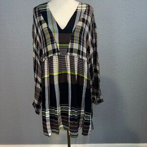 FREE PEOPLE Falling Stars Oversized Babydoll Plaid Mini Dress w/Tie Wrists - XS